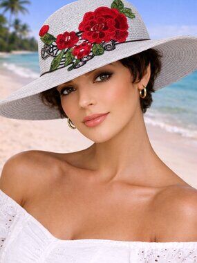 Embroidered Rose Floppy Hat